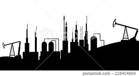 Oil gas in silhouette design. Oil industry, gas production. Petroleum pipelines. Oil industry extraction and refinery production. Petroleum industry, vector cartoon illustration 128454604