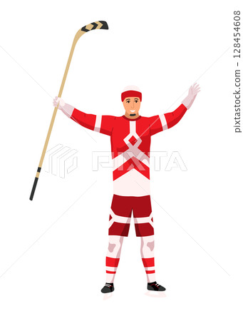 Hockey player. Ice hockey team sport, men with hockey sticks. Sportsman with helmet in cartoon flat style. Vector illustration isolated on white background 128454608