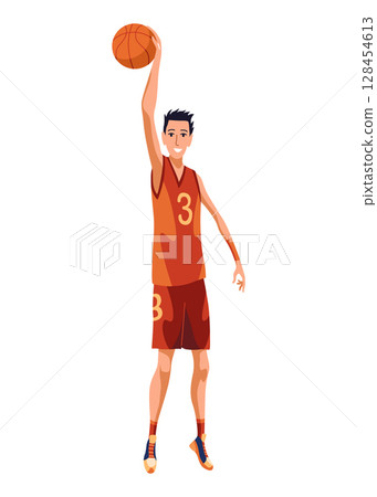 Basketball element. Basketball player in uniform holding ball. Professional sport game. Cartoon flat vector illustration isolated on white background Basketball element. Basketball player in uniform holding ball. Professional sport game. Cartoon flat vector illustration isolated on white background 128454613