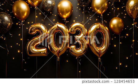 Golden balloons create a festive atmosphere for New Year celebration in 2030 128454653