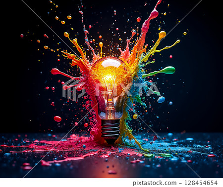 Colorful explosion around a light bulb creates vibrant artistic effect in dark setting 128454654