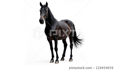 Majestic black horse standing gracefully against a plain white background with a confident demeanor 128454659