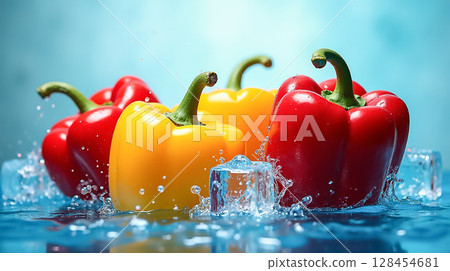 Fresh bell peppers splash in clear water creating vibrant colors and refreshing ambiance 128454681