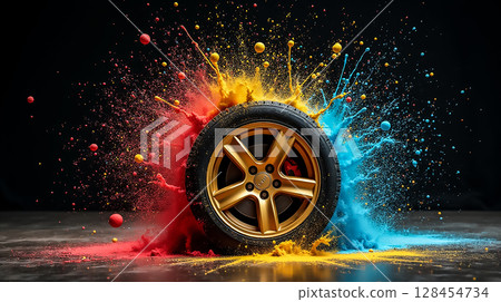 Colorful explosion of paint around a golden wheel showcases artistic creativity in modern design Colorful explosion of paint around a golden wheel showcases artistic creativity in modern design 128454734