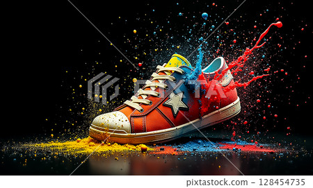Colorful shoe splashing with paint in dramatic lighting at a creative studio setting Colorful shoe splashing with paint in dramatic lighting at a creative studio setting 128454735