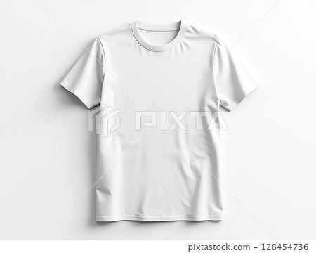 Plain white short-sleeve t-shirt displayed against a neutral background for clothing presentation and design purposes Plain white short-sleeve t-shirt displayed against a neutral background for clothing presentation and design purposes 128454736