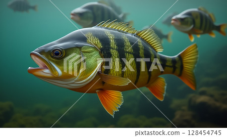 Colorful fish swimming through clear freshwater in a tranquil aquatic environment during daylight hours 128454745