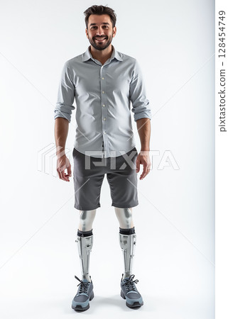 Man with prosthetic legs poses confidently in casual attire against plain backdrop 128454749
