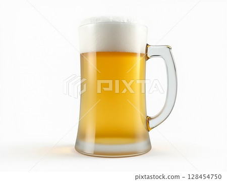 Refreshing glass of cold beer with frothy head served on a clean surface 128454750