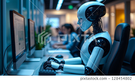 Robots working at computers in a modern office environment during daylight hours Robots working at computers in a modern office environment during daylight hours 128454802