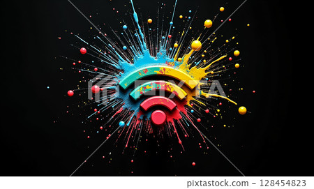 Colorful explosion of paint featuring a Wi-Fi symbol on a black background during a digital art presentation 128454823