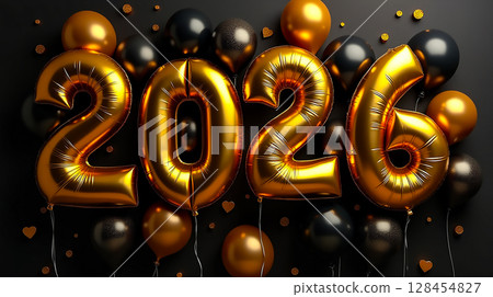 Celebration setup for New Year's Eve 2026 with golden and black balloons in festive decor Celebration setup for New Year's Eve 2026 with golden and black balloons in festive decor 128454827