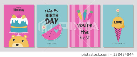 Set of children's birthday greeting cards .Cute animals design.poster,template,greeting cards,bear,Vector illustrations. Set of children's birthday greeting cards .Cute animals design.poster,template,greeting cards,bear,Vector illustrations. 128454844