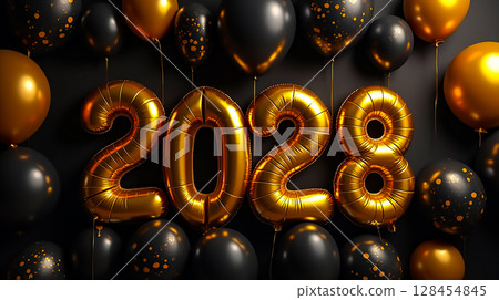 Celebration of New Year 2028 with golden balloons and festive decorations in a vibrant party atmosphere Celebration of New Year 2028 with golden balloons and festive decorations in a vibrant party atmosphere 128454845
