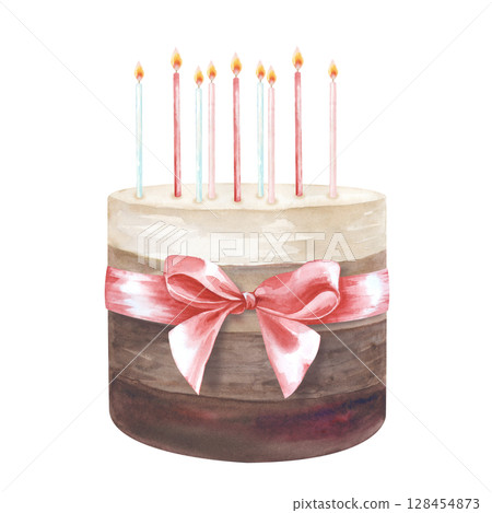 A hand-painted chocolate cake with candles, tied with a pink ribbon. The watercolor illustration is isolated on a white background. A template for postcards, invitations, menus, and business cards. 128454873