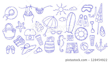 la dolce vita aesthetics. Outline Mediterranean summer beach Doodle icons collection. Isolated vector hand drawn beachwear, accessories and nautical leisure items. Not AI 128454922