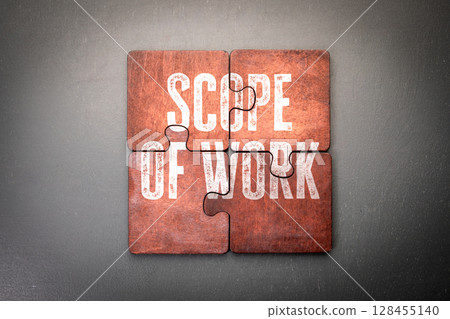 Scope of Work Concept Displayed on Four Connected Puzzle Pieces for Project Planning Strategy Scope of Work Concept Displayed on Four Connected Puzzle Pieces for Project Planning Strategy 128455140