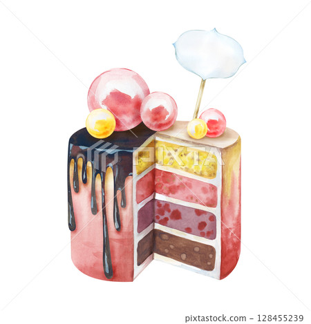 A hand-drawn cake with colorful cakes, chocolate drops, decorated with balloons and a greeting card. The watercolor illustration is isolated on a white background. A template for postcards. 128455239