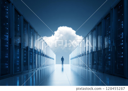 Bright Data Server Room with Large Cloud and Modern Technology. Bright Data Server Room with Large Cloud and Modern Technology. 128455287