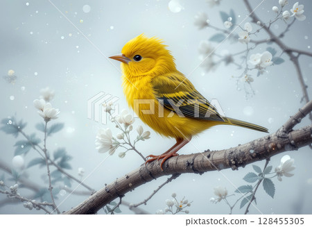 Yellow Songbird on Branch Among Blooming White Flowers. 128455305