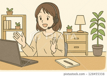 一位日本女性在家中參加網路會議 一位日本女性在家中參加網路會議 128455338