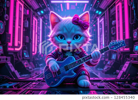 Cute Cat Rocking Guitar in Neon Cyberpunk Environment. 128455340