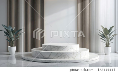 Minimalist Marble Pedestal Scene with Elegant Plants and Natural Light. Minimalist Marble Pedestal Scene with Elegant Plants and Natural Light. 128455341
