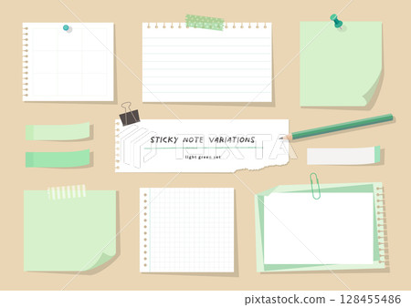 筆記、備忘錄、便利貼素材套裝（淺綠色） 128455486