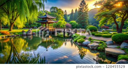A serene Japanese garden with a traditional pagoda, calm pond, and lush greenery reflecting the beauty of nature A serene Japanese garden with a traditional pagoda, calm pond, and lush greenery reflecting the beauty of nature 128455529