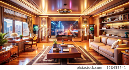 Sleek Futuristic Living Room with Neon Glow and Wall-Mounted Screen 128455541