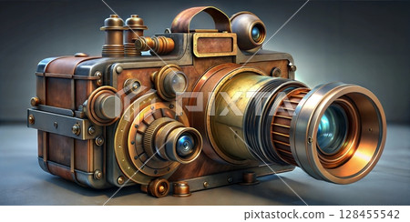A steampunk camera with a prominent brass lens and various dials set against a gradient blue background 128455542