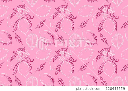 Seamless pattern of lemon with leaf and flower in hand drawn style on a pink background. Perfect for summer packaging, kitchen textile or citrus themed design. Seamless pattern of lemon with leaf and flower in hand drawn style on a pink background. Perfect for summer packaging, kitchen textile or citrus themed design. 128455559