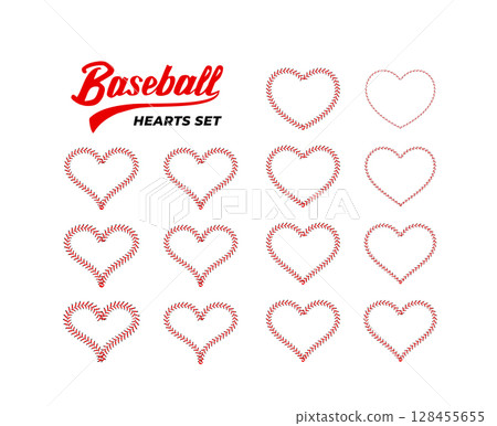 Red Baseball Stitch Heart Frame Set. Vector illustration on white 128455655
