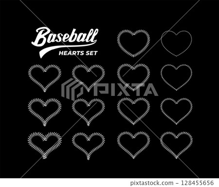 Abstract Heart frame set made from red baseball stitch details. Vector illustration on black 128455656