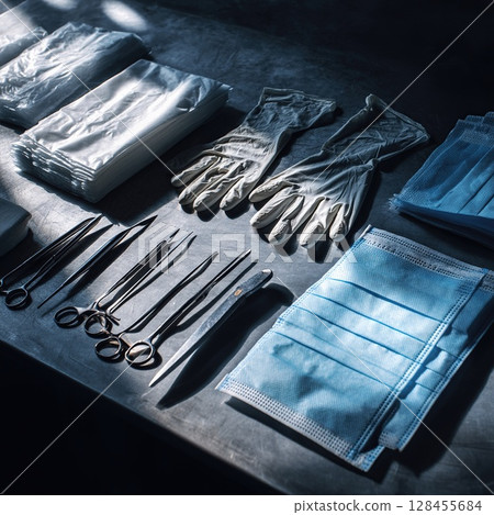 Surgical instruments and medical supplies arranged on a sterile operating table, ready for use. Surgical instruments and medical supplies arranged on a sterile operating table, ready for use. 128455684