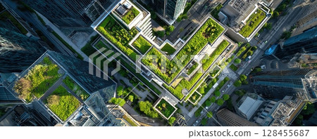 Modern cityscape with green roofs showcases sustainable urban design and architecture. 128455687