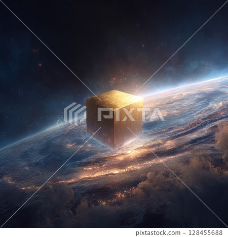 A luminous golden cube hovers above a vibrant, glowing planet in space. 128455688