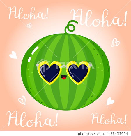 A cheerful watermelon wearing heart sunglasses, saying Aloha A cheerful watermelon wearing heart sunglasses, saying Aloha 128455694