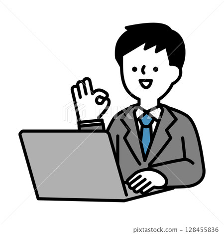 Illustration material of a smiling business man posing positively at a computer Illustration material of a smiling business man posing positively at a computer 128455836