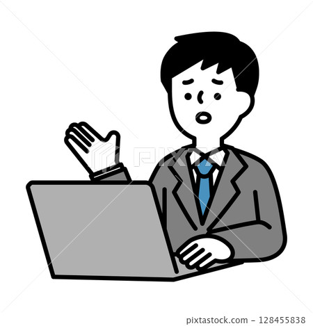 Image illustration of a business man with a troubled face having an online conversation 128455838