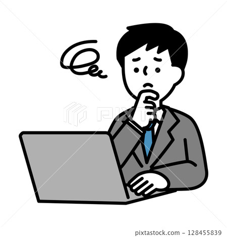 Illustration material of a male business person who is worried while operating a computer 128455839