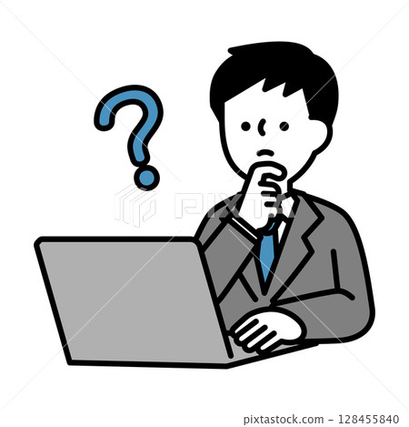Illustration material of a male business person who is worried while operating a computer 128455840