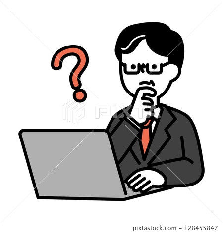 Illustration material of a middle-aged man who is worried while operating a computer 128455847
