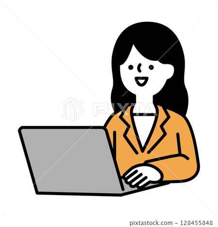 Illustration material of a business woman in a suit working on a laptop 128455848
