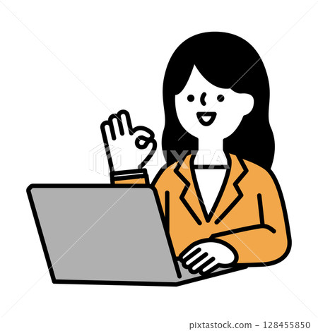 Illustration material of a smiling business woman posing positively at a computer 128455850