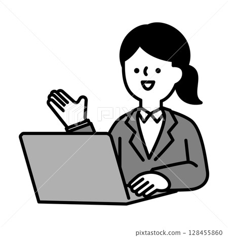 一位身穿西裝的女商人在網路上交談的插畫素材 128455860