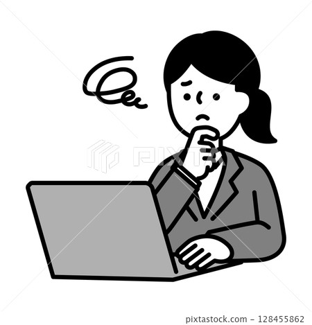 Illustration material of a business woman who is worried while operating a computer 128455862