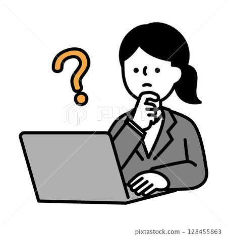 Illustration material of a business woman who is worried while operating a computer 128455863