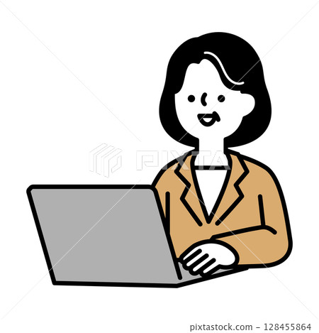一位中年婦女在筆記型電腦上工作的插畫素材 128455864
