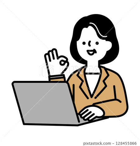 一位中年和老年婦女在電腦前微笑並擺出積極姿勢的插圖素材 128455866